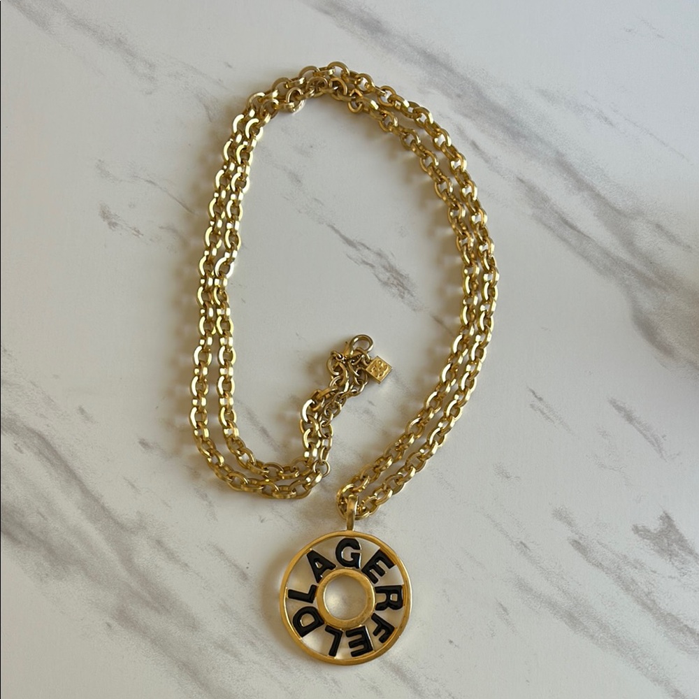 Karl Lagerfeld Vintage Gold and Black Enamel LogoNecklace w/Medallion Pendant
